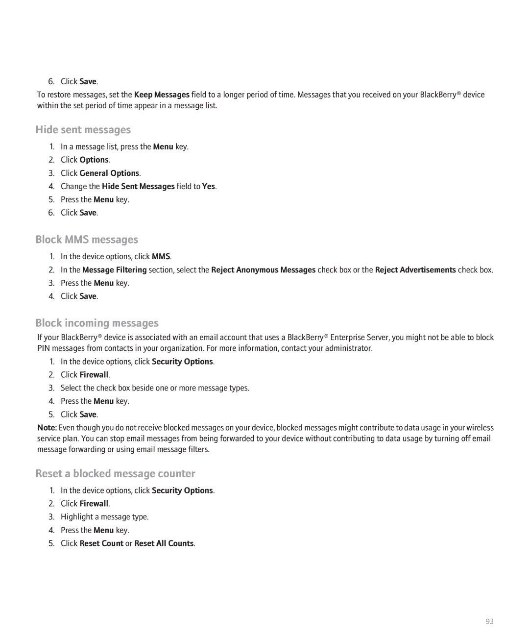 Blackberry 8330 manual Hide sent messages, Block MMS messages 