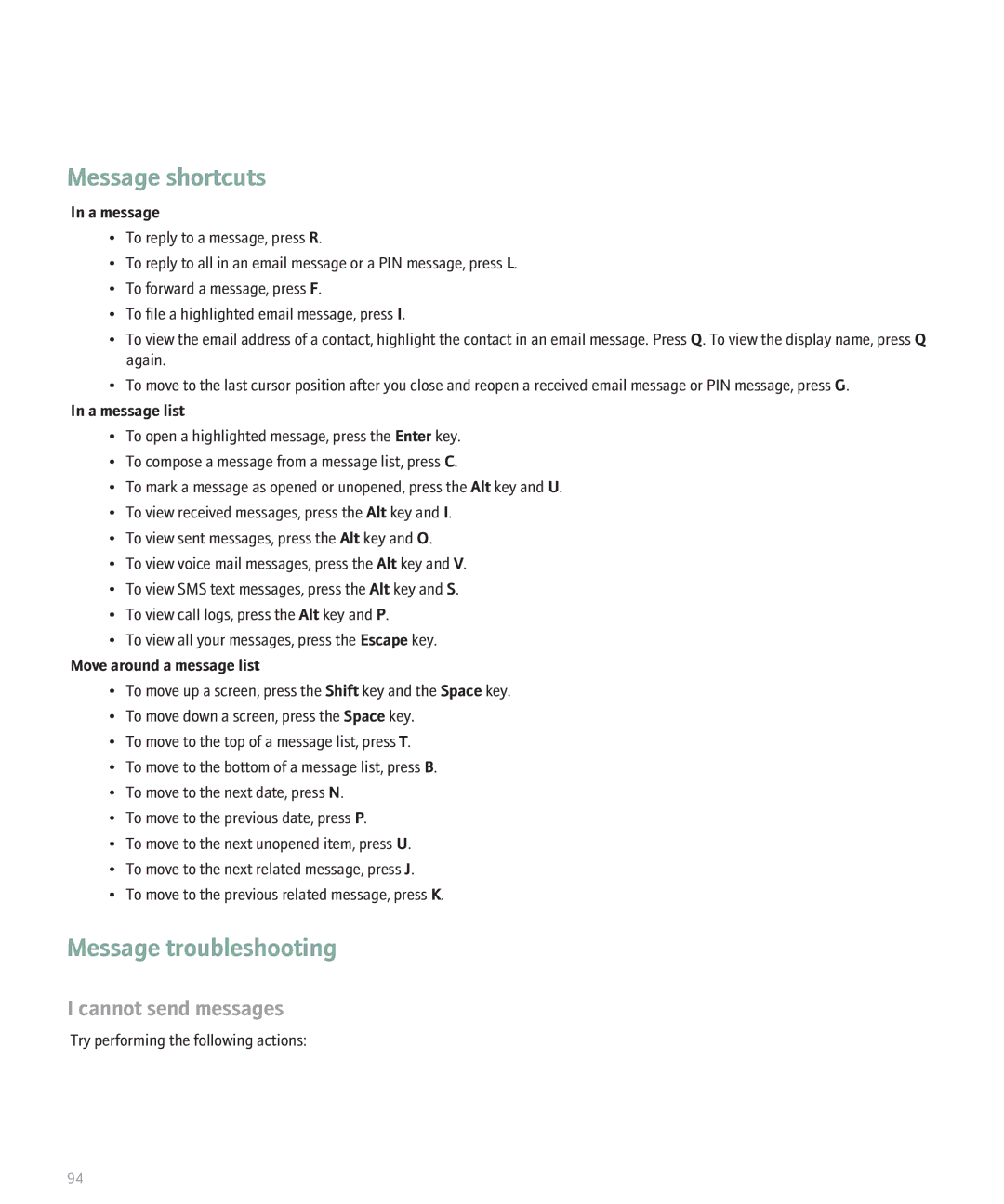 Blackberry 8330 manual Message shortcuts 