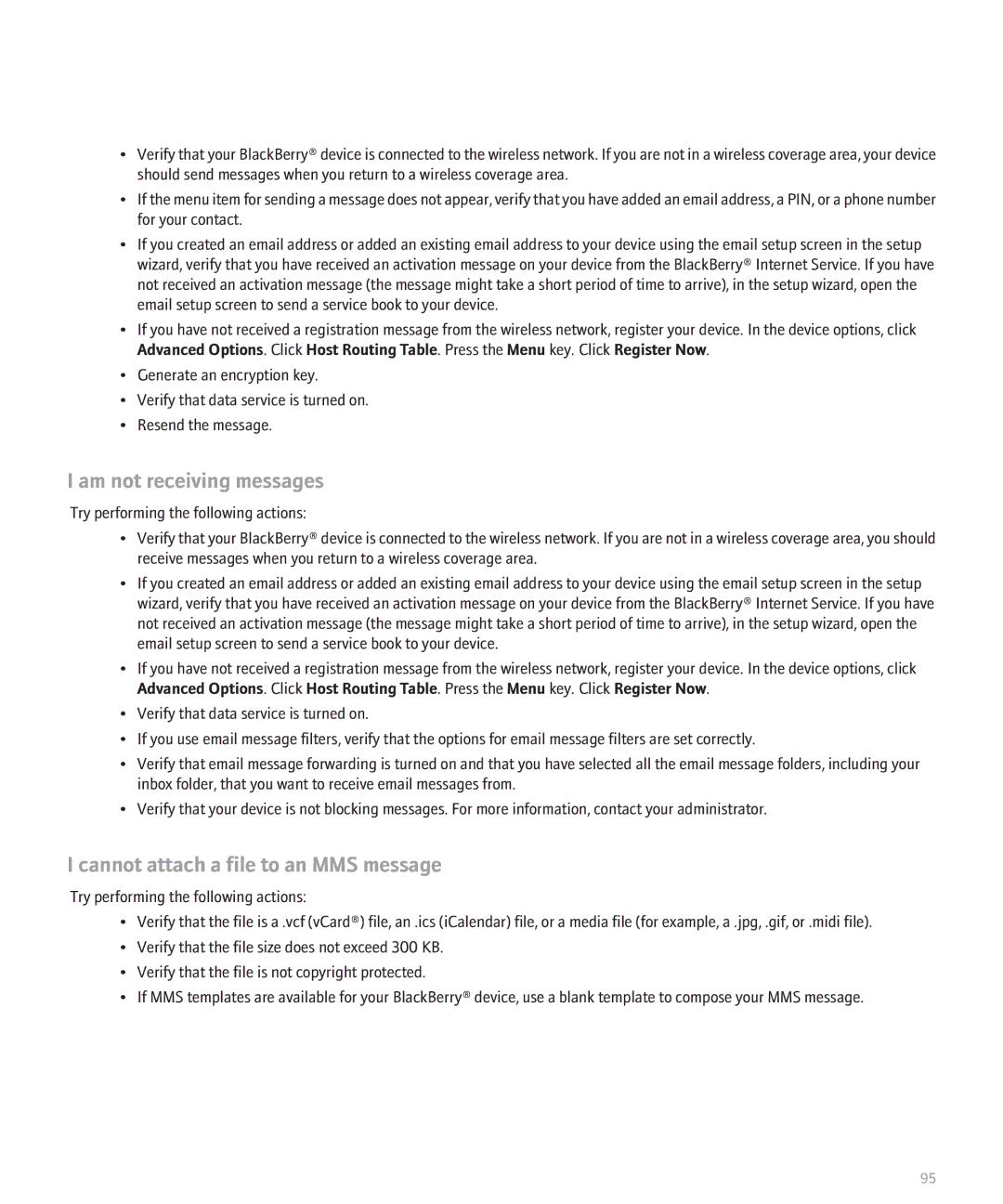 Blackberry 8330 manual Am not receiving messages, Cannot attach a file to an MMS message 