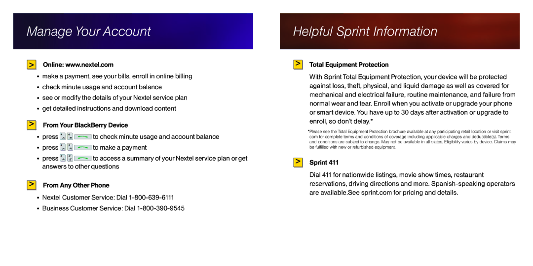 Blackberry 8350i manual Manage Your Account, Helpful Sprint Information 