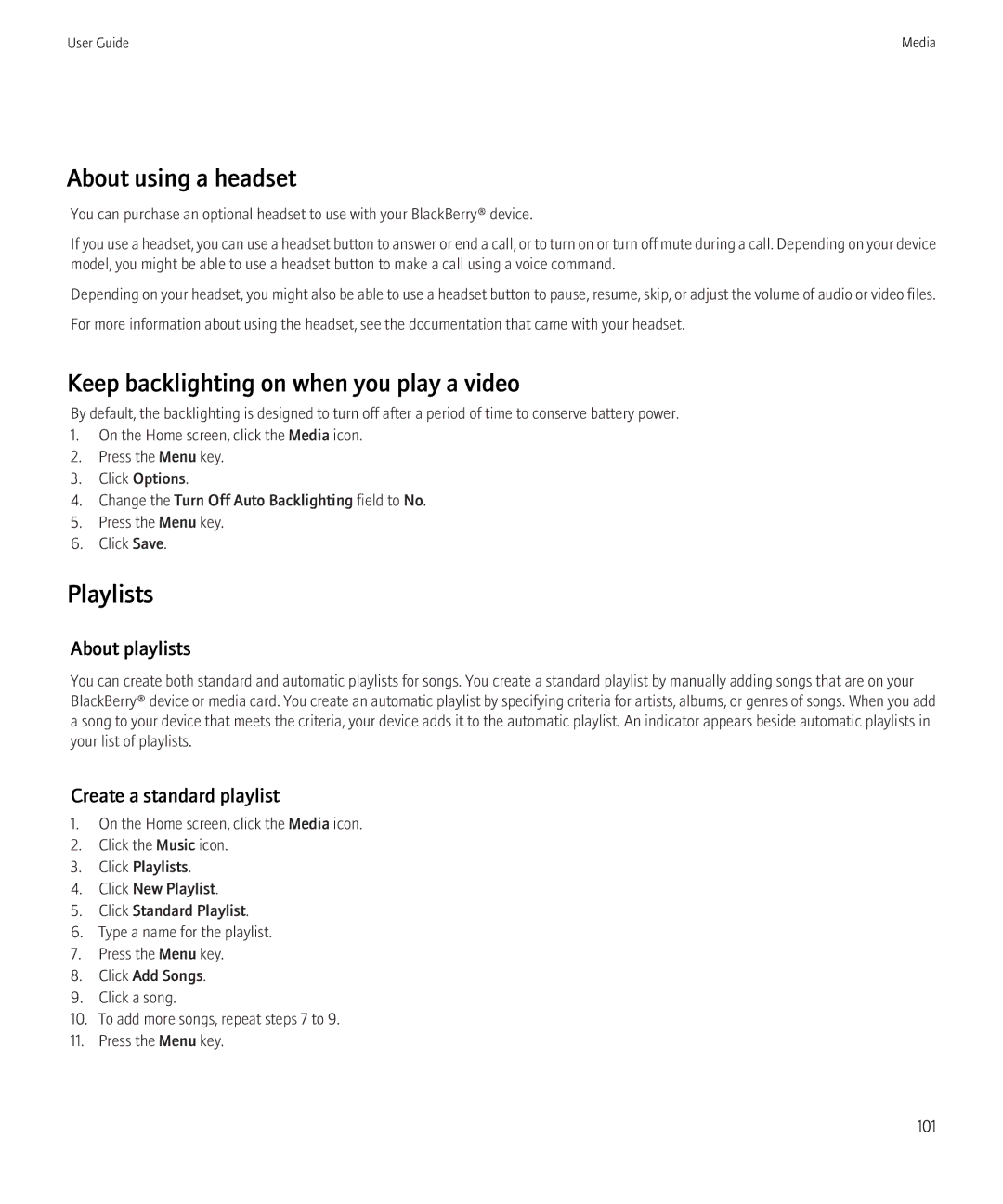 Blackberry 8350i manual Keep backlighting on when you play a video, Playlists, About playlists, Create a standard playlist 