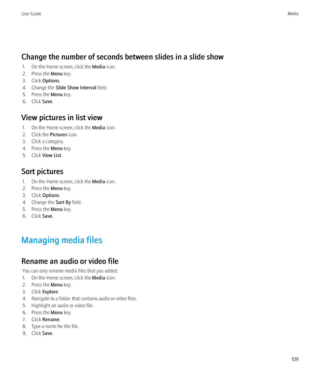 Blackberry 8350i manual Managing media files, Change the number of seconds between slides in a slide show, Sort pictures 