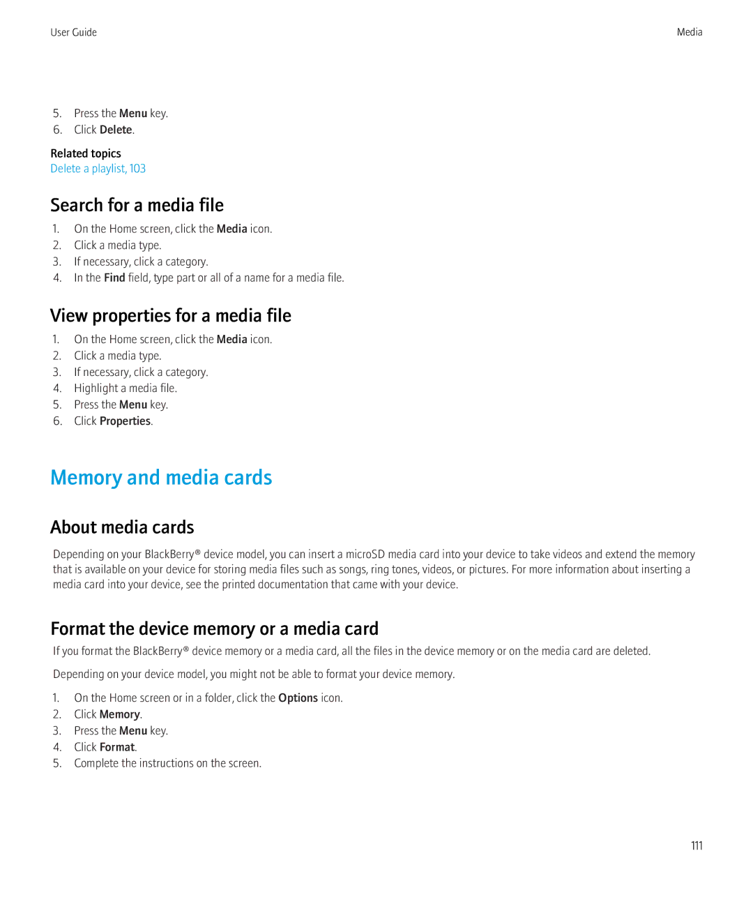 Blackberry 8350i Memory and media cards, Search for a media file, View properties for a media file, About media cards 