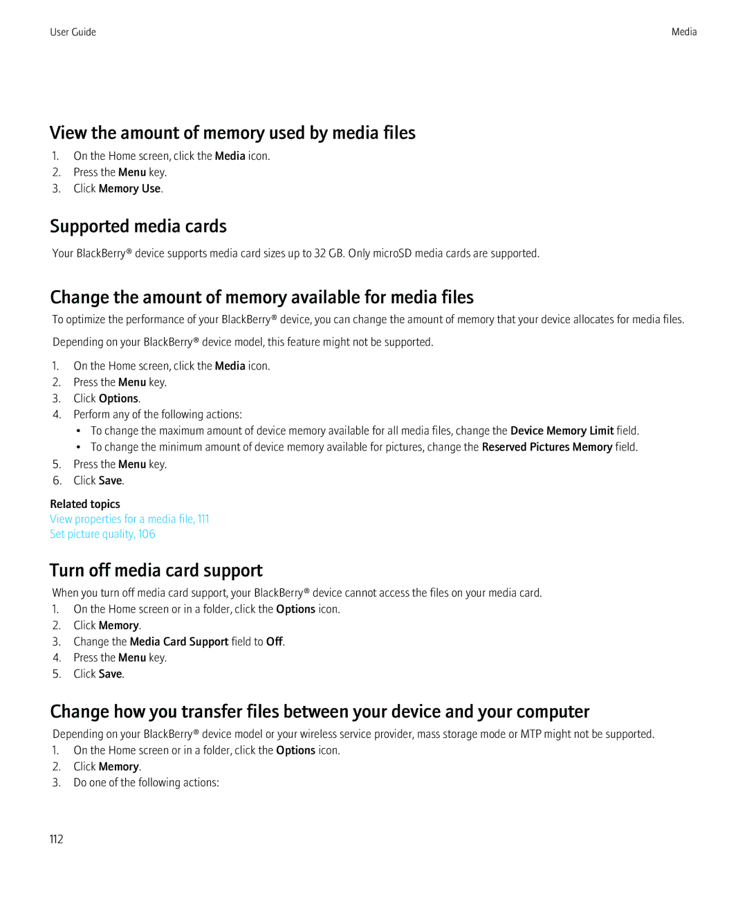 Blackberry 8350i manual View the amount of memory used by media files, Supported media cards, Turn off media card support 