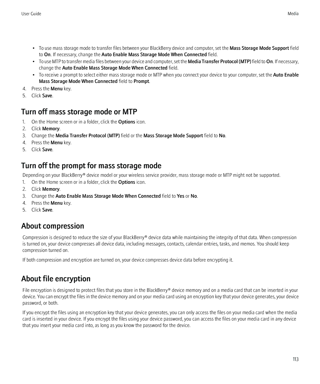 Blackberry 8350i manual Turn off mass storage mode or MTP, Turn off the prompt for mass storage mode, About compression 