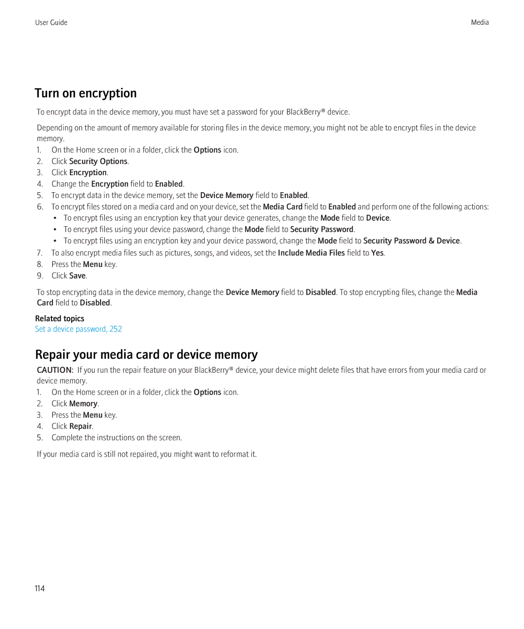 Blackberry 8350i manual Turn on encryption, Repair your media card or device memory 