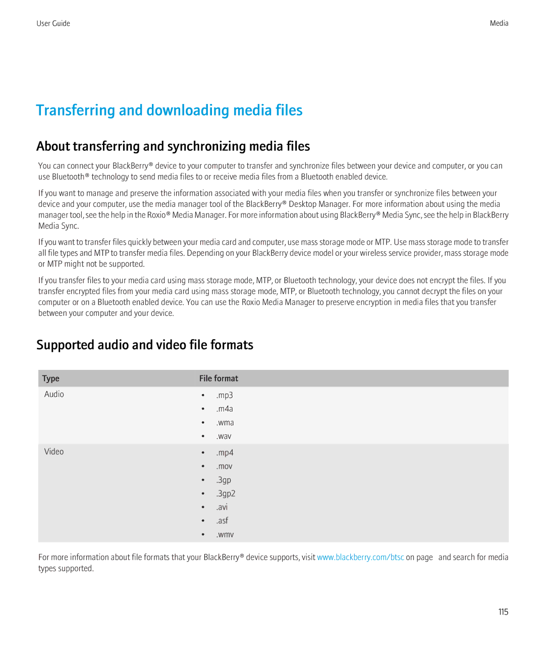 Blackberry 8350i manual Transferring and downloading media files, About transferring and synchronizing media files 