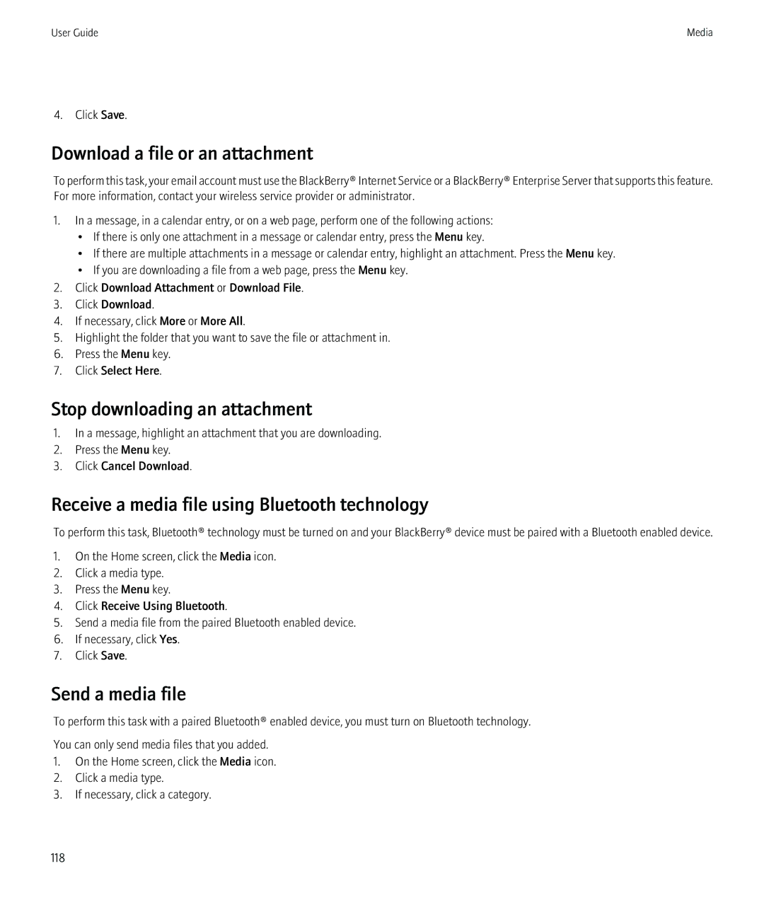 Blackberry 8350i manual Stop downloading an attachment, Receive a media file using Bluetooth technology, Send a media file 