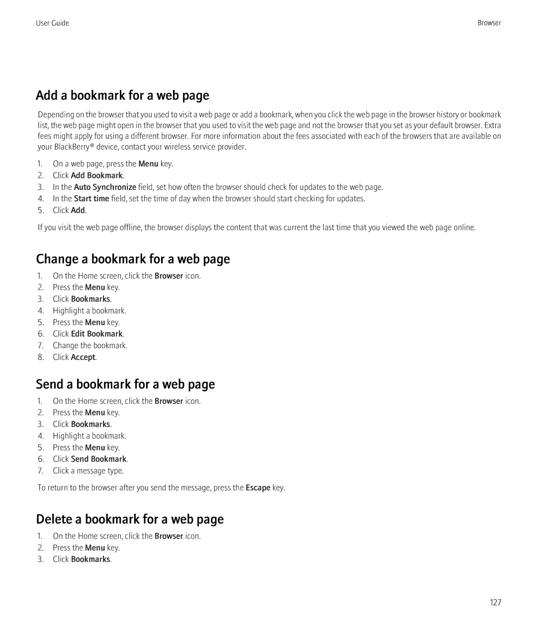 Blackberry 8350i manual Add a bookmark for a web, Change a bookmark for a web, Send a bookmark for a web 