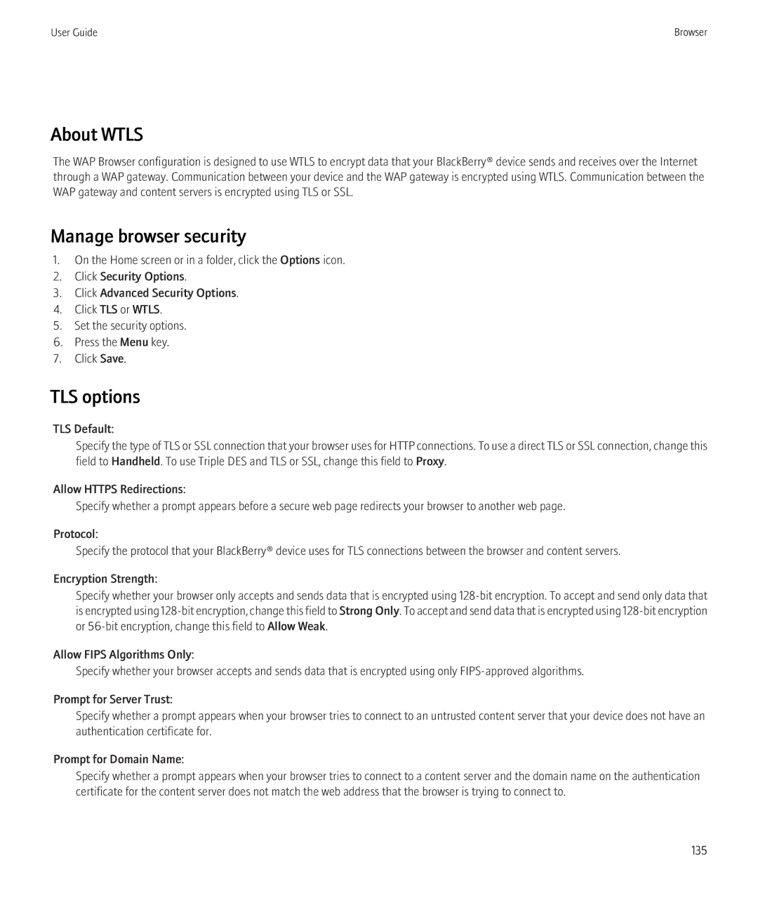 Blackberry 8350i manual About Wtls, Manage browser security, TLS options 