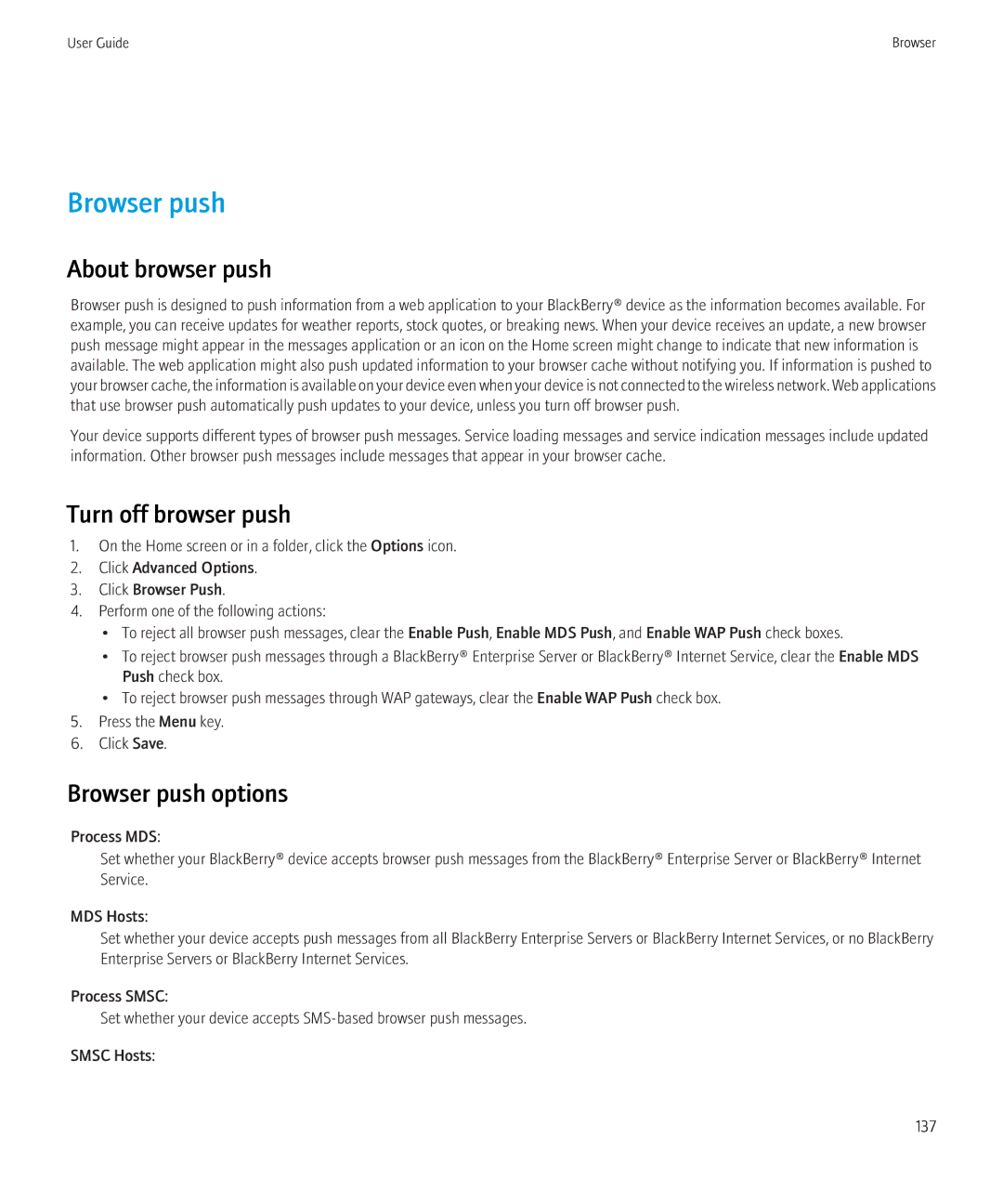 Blackberry 8350i manual About browser push, Turn off browser push, Browser push options 