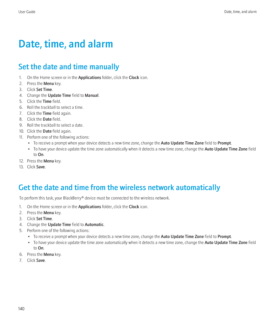 Blackberry 8350i Date, time, and alarm, Set the date and time manually 