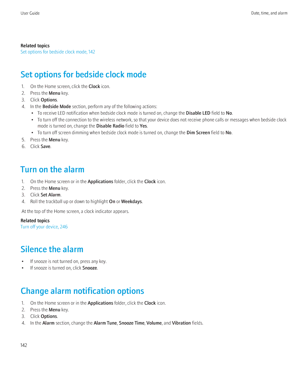 Blackberry 8350i manual Set options for bedside clock mode, Turn on the alarm, Silence the alarm 