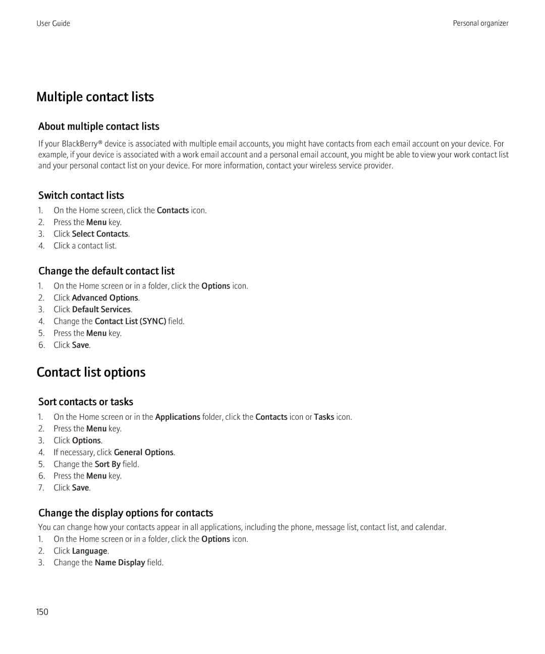 Blackberry 8350i manual Multiple contact lists, Contact list options 