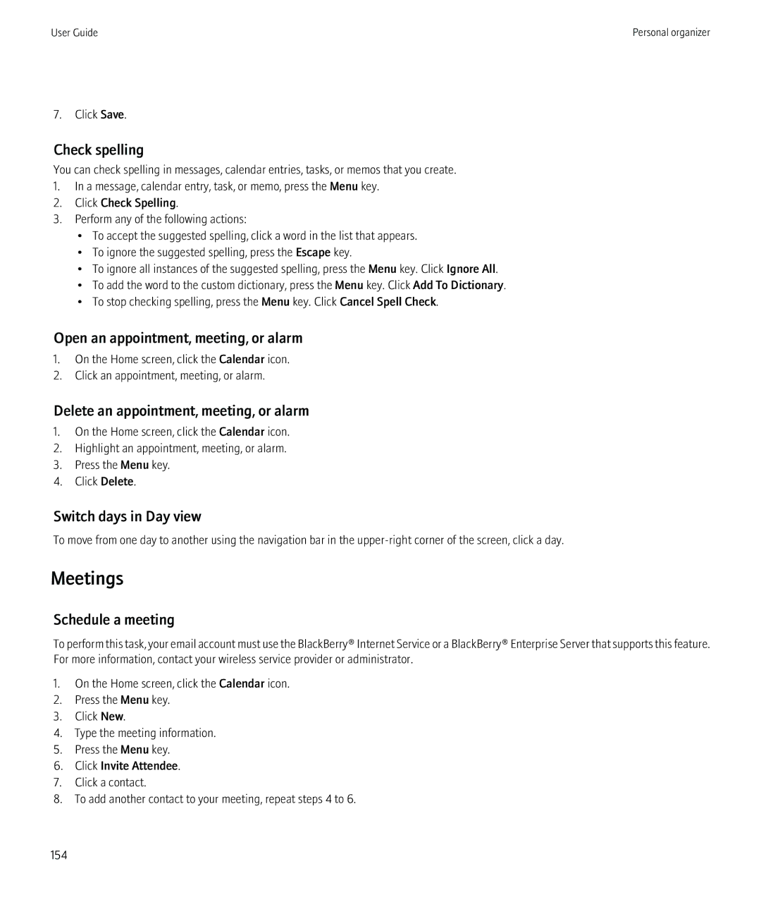 Blackberry 8350i manual Meetings, Open an appointment, meeting, or alarm, Delete an appointment, meeting, or alarm 