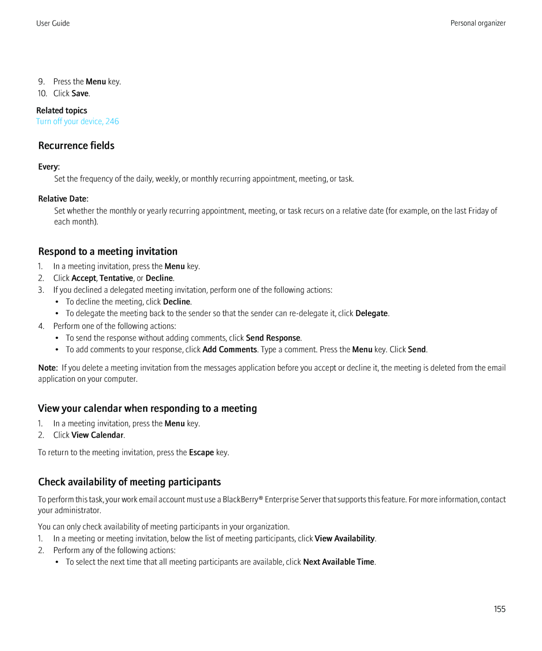 Blackberry 8350i manual Respond to a meeting invitation, View your calendar when responding to a meeting 