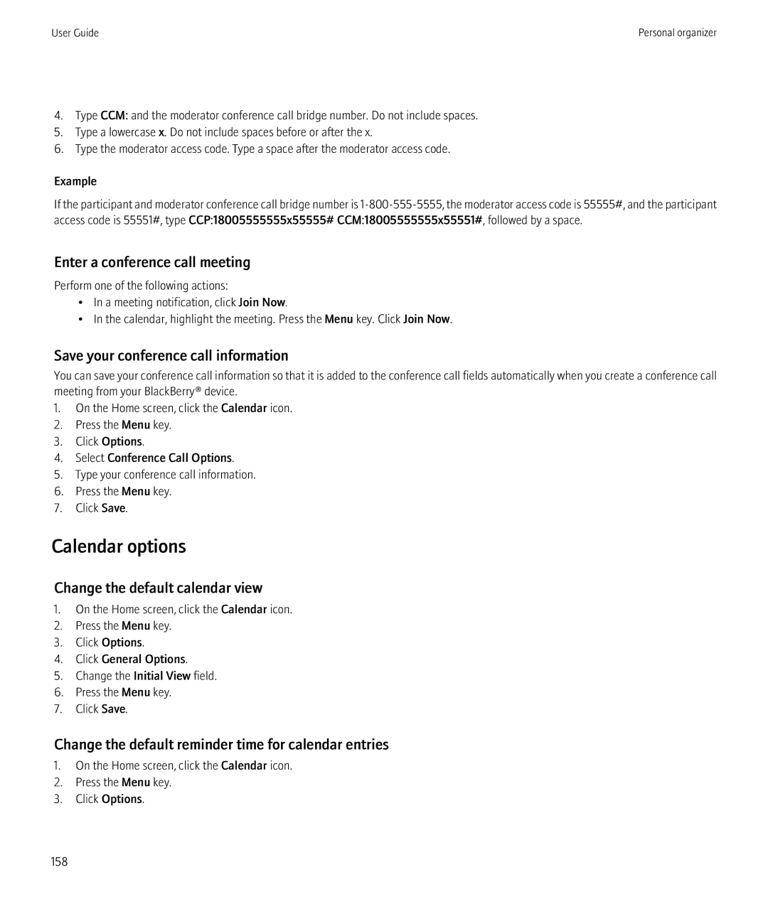 Blackberry 8350i manual Calendar options, Enter a conference call meeting, Save your conference call information 