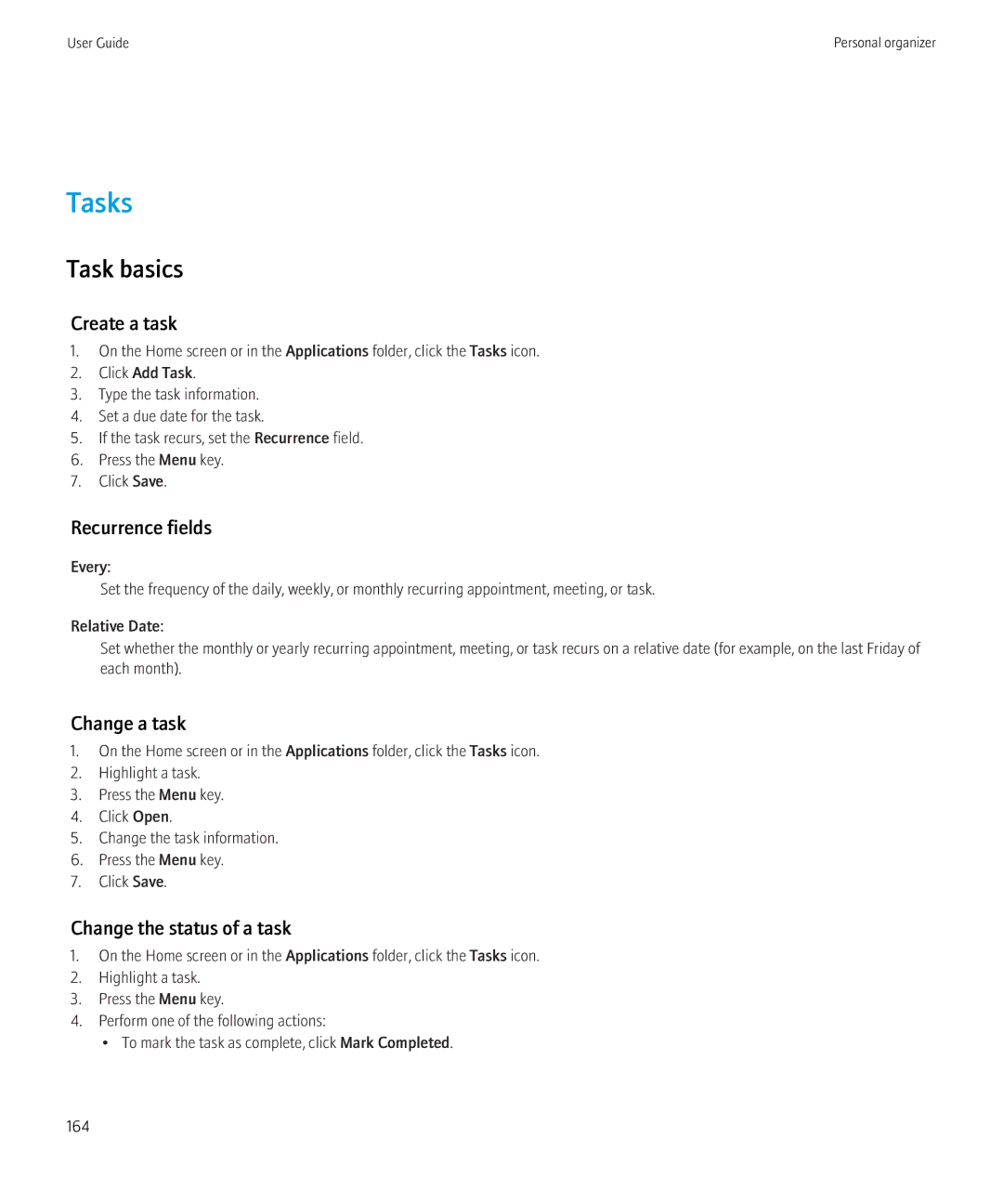 Blackberry 8350i manual Tasks, Task basics, Create a task, Change a task, Change the status of a task 