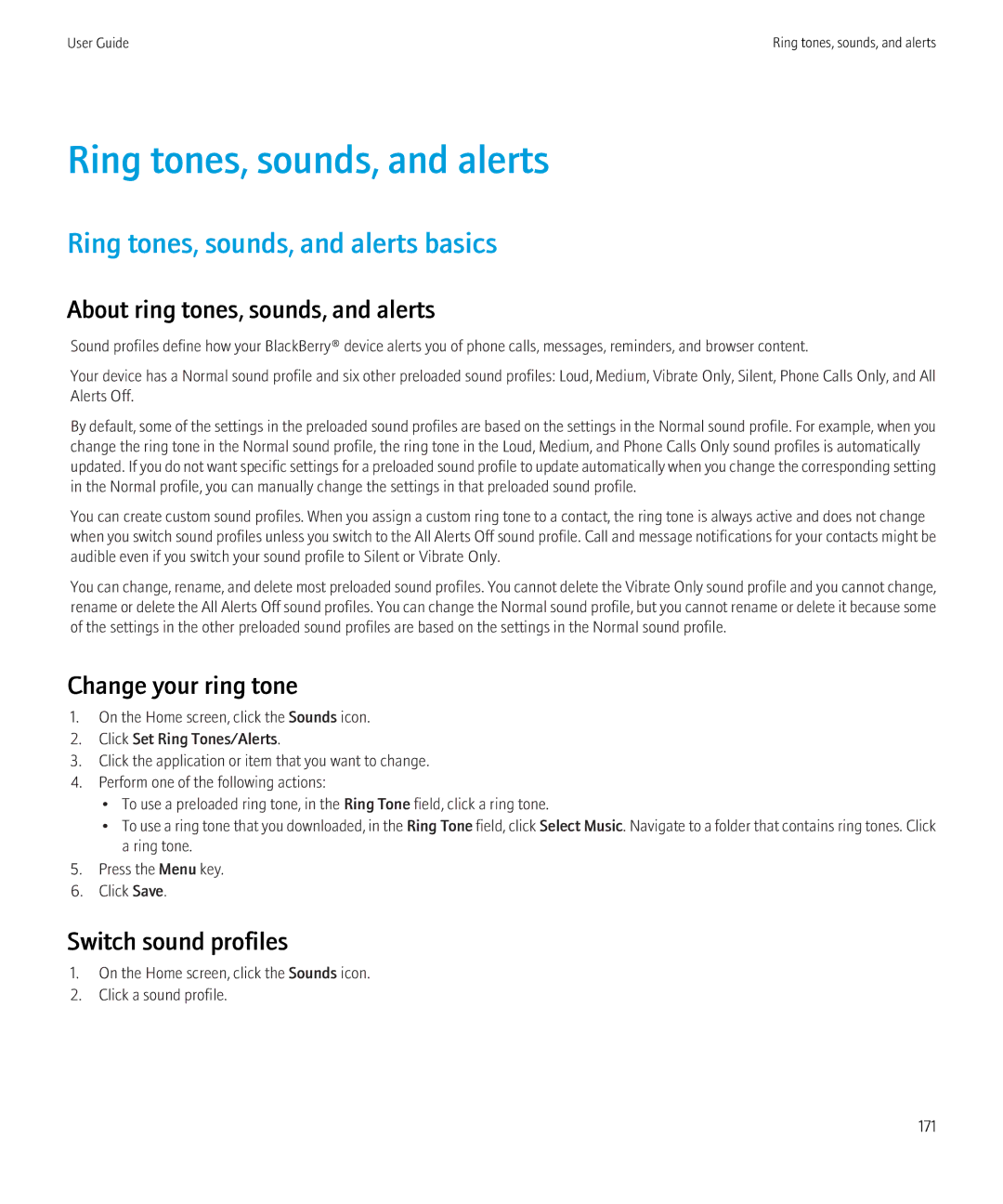 Blackberry 8350i Ring tones, sounds, and alerts basics, About ring tones, sounds, and alerts, Switch sound profiles 