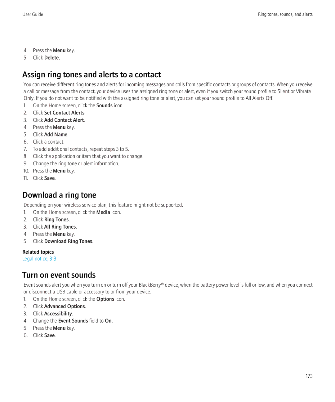 Blackberry 8350i manual Assign ring tones and alerts to a contact, Turn on event sounds 