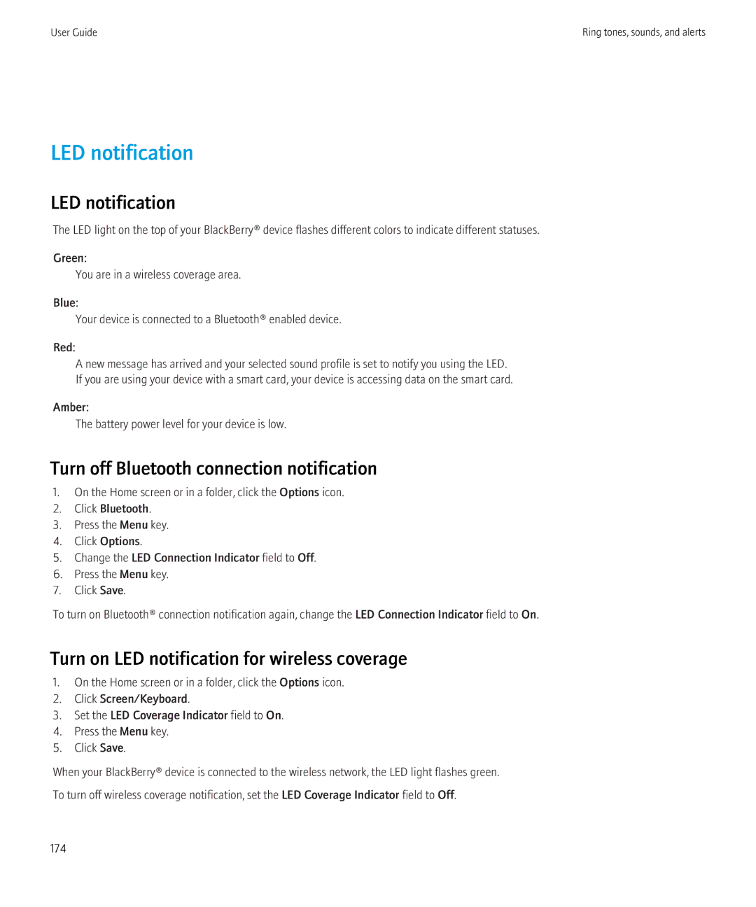 Blackberry 8350i manual LED notification, Turn off Bluetooth connection notification 