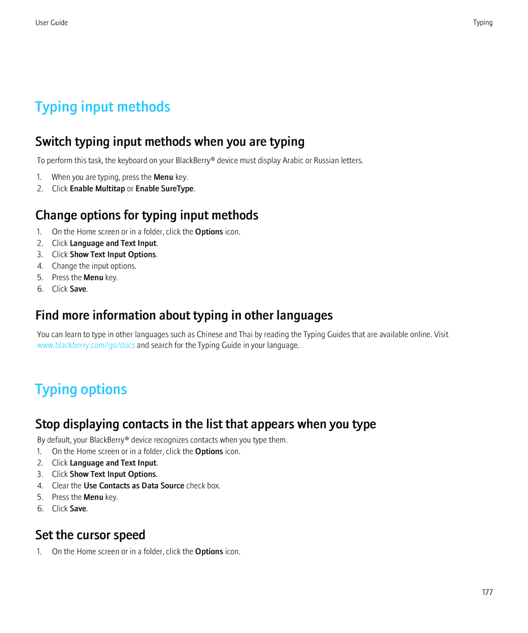 Blackberry 8350i manual Typing input methods, Typing options 