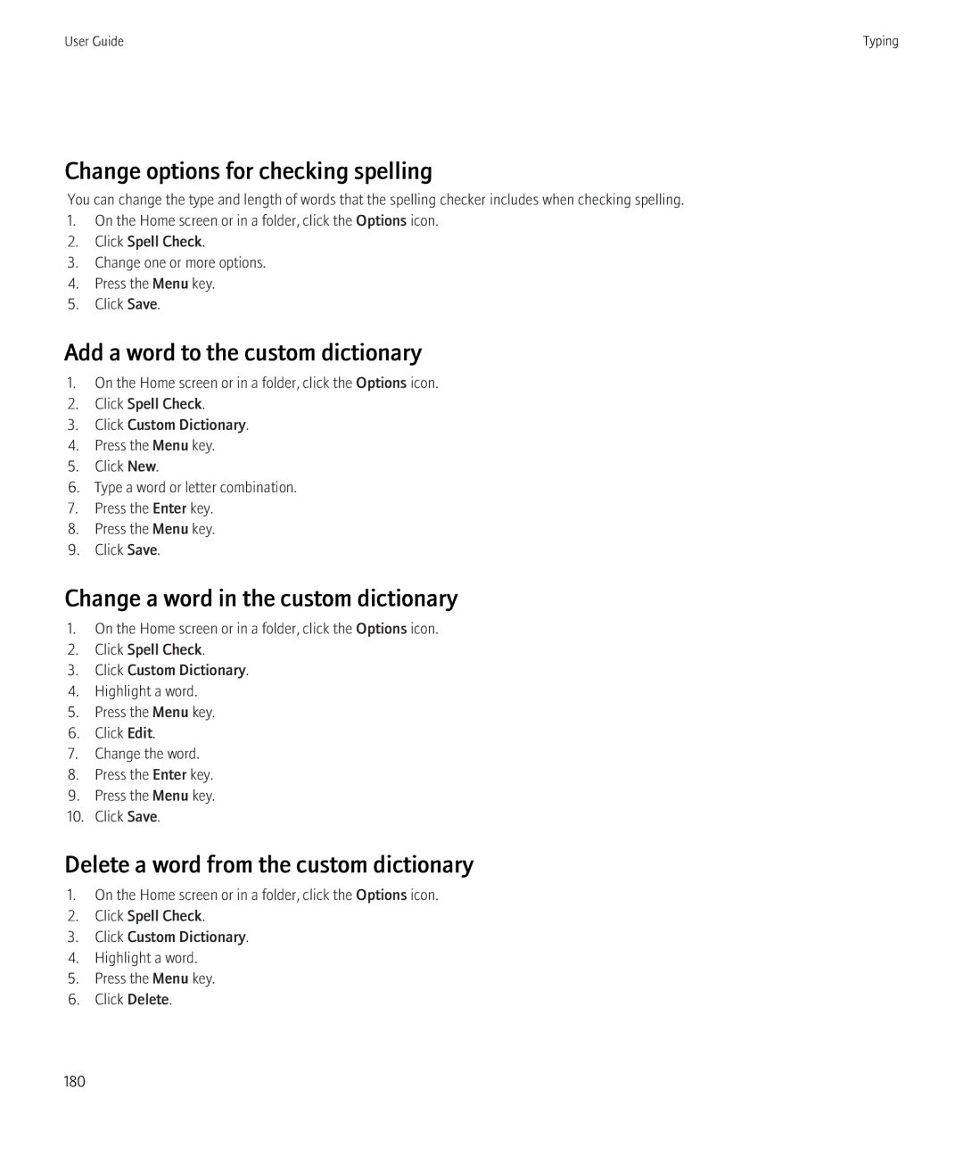 Blackberry 8350i manual Change options for checking spelling, Add a word to the custom dictionary 