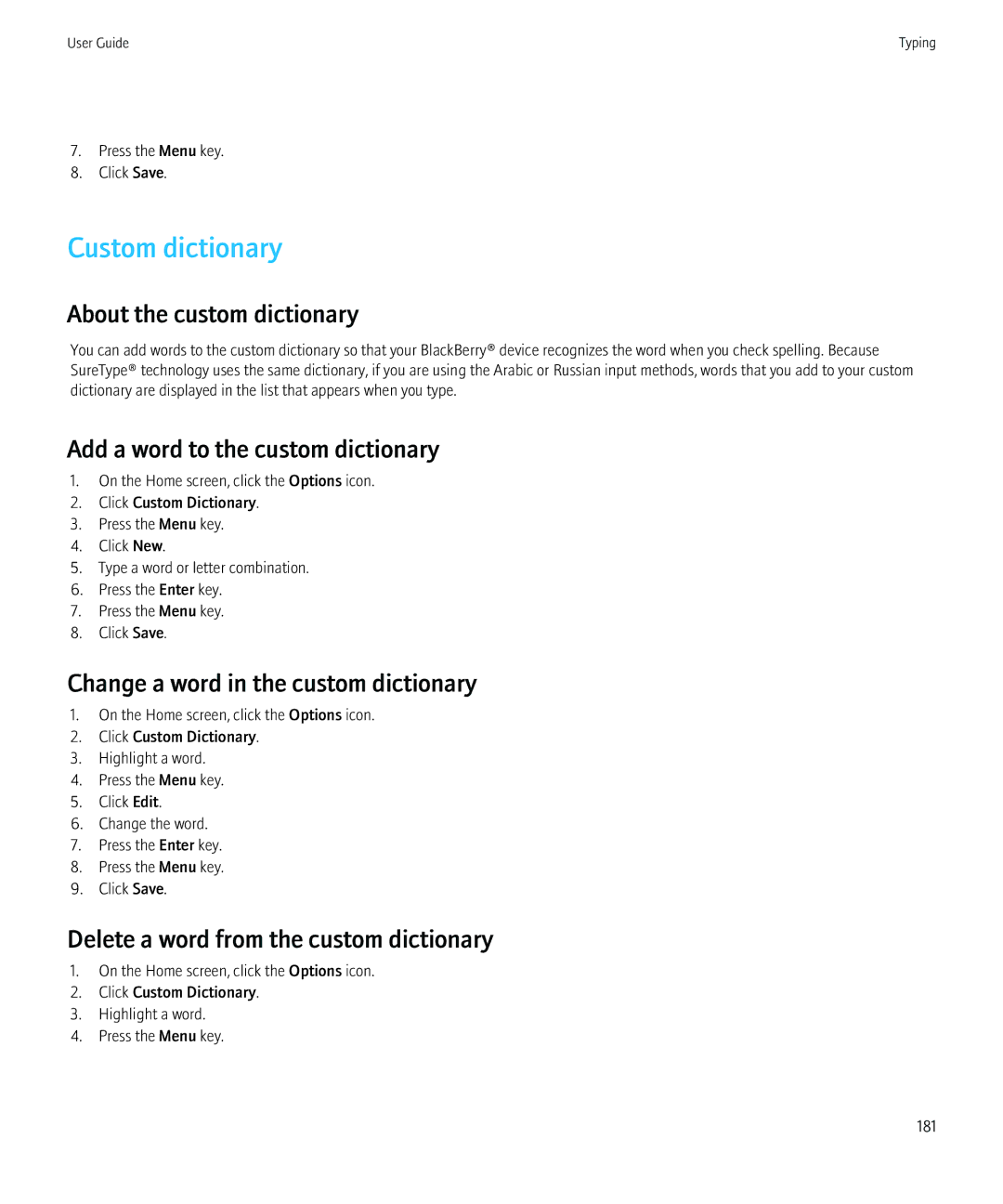 Blackberry 8350i manual Custom dictionary, About the custom dictionary 