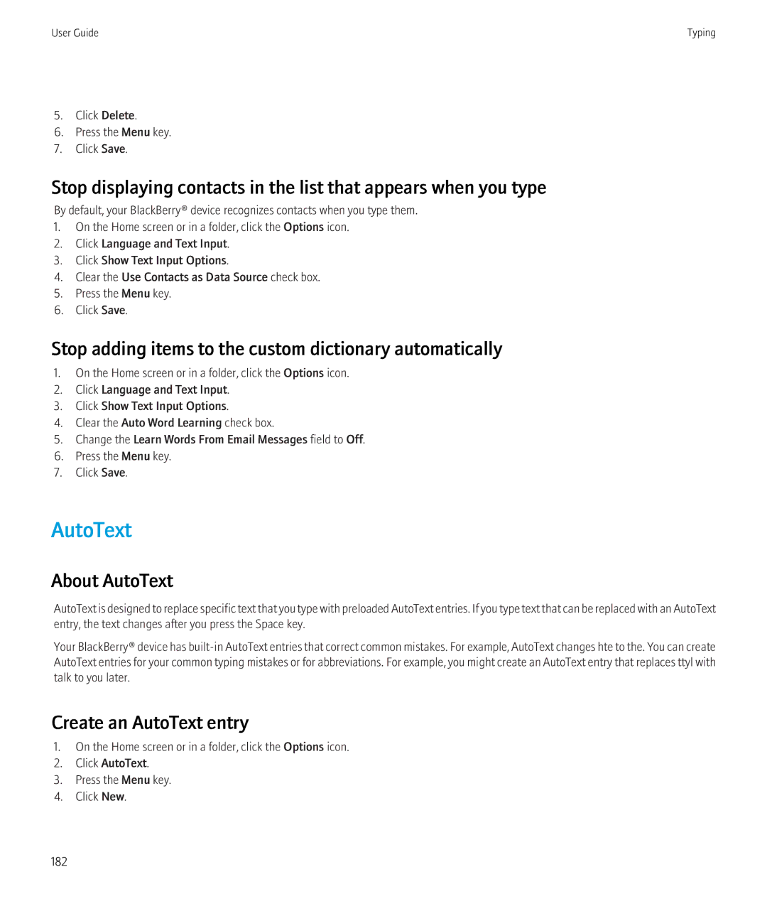 Blackberry 8350i Stop adding items to the custom dictionary automatically, About AutoText, Create an AutoText entry 