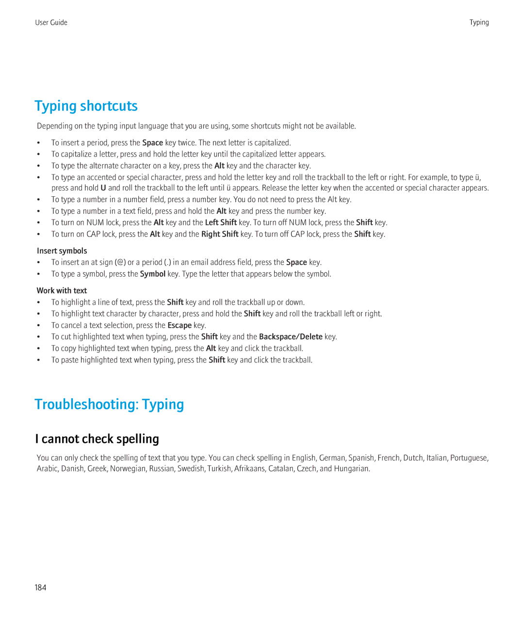 Blackberry 8350i manual Troubleshooting Typing, Cannot check spelling 