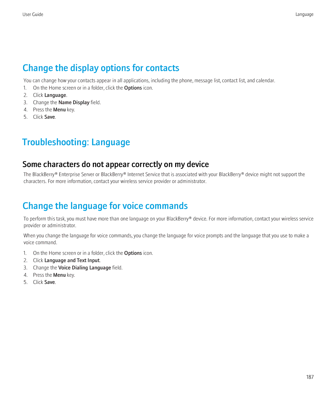 Blackberry 8350i manual Change the display options for contacts, Troubleshooting Language 