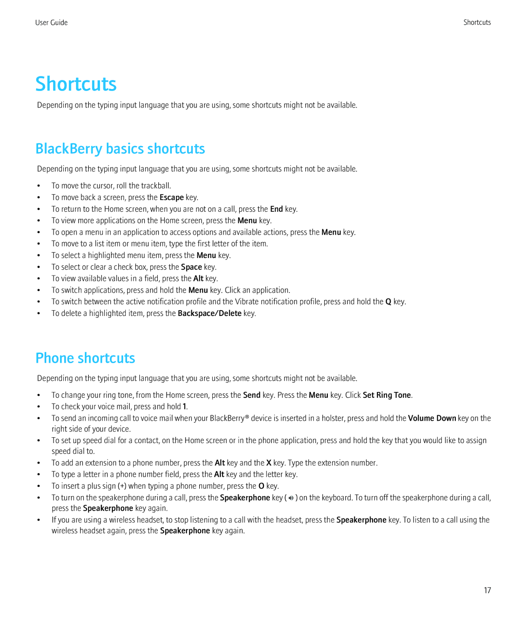 Blackberry 8350i manual Shortcuts, BlackBerry basics shortcuts, Phone shortcuts 