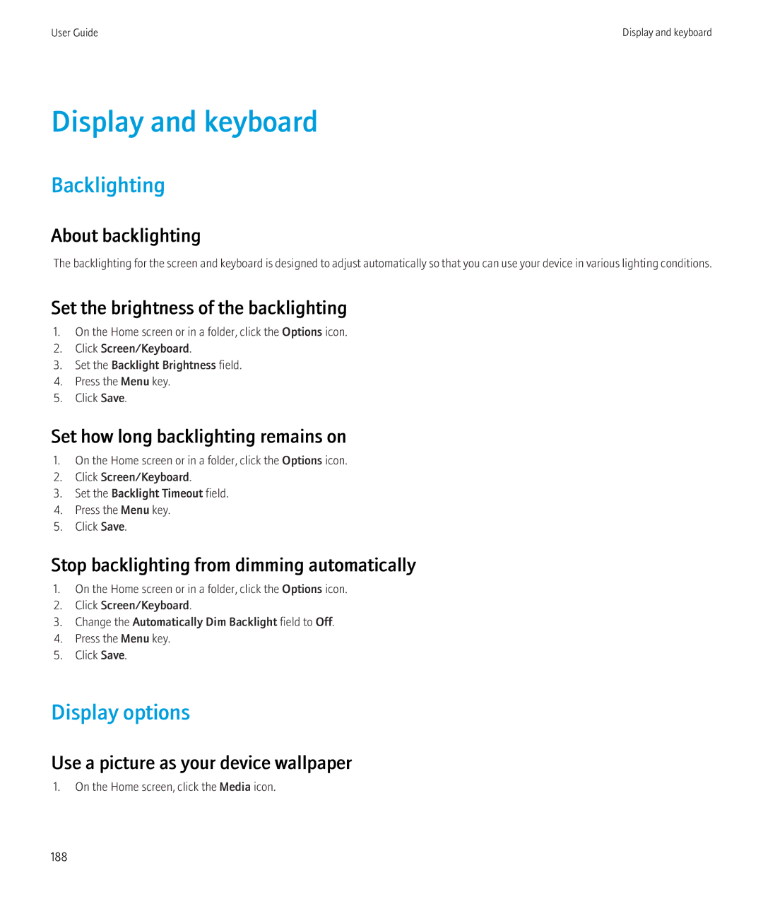 Blackberry 8350i manual Display and keyboard, Backlighting, Display options 