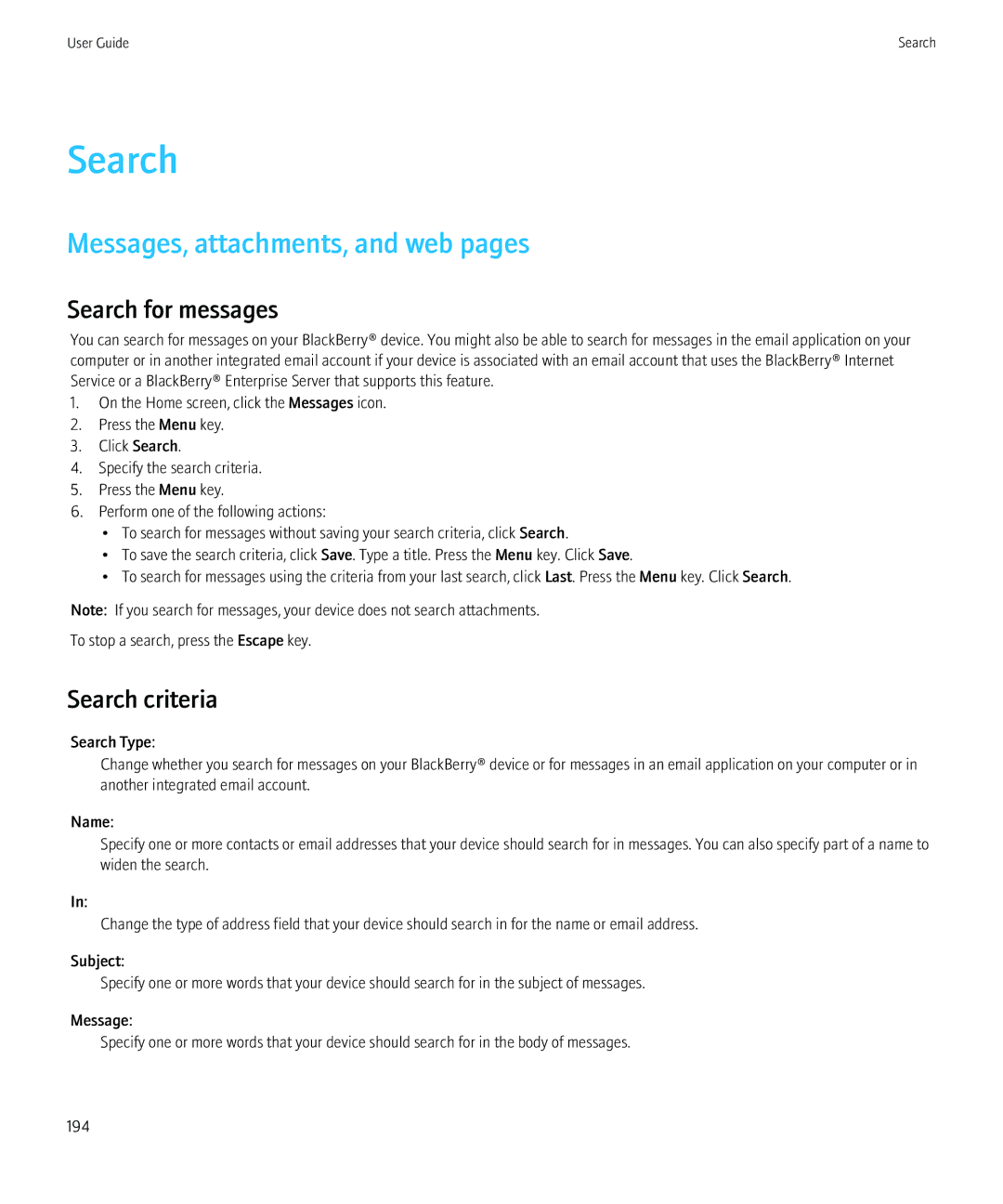 Blackberry 8350i manual Messages, attachments, and web pages, Search for messages, Search criteria 