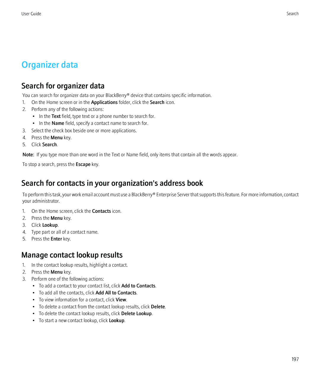 Blackberry 8350i manual Organizer data, Search for organizer data, Search for contacts in your organizations address book 
