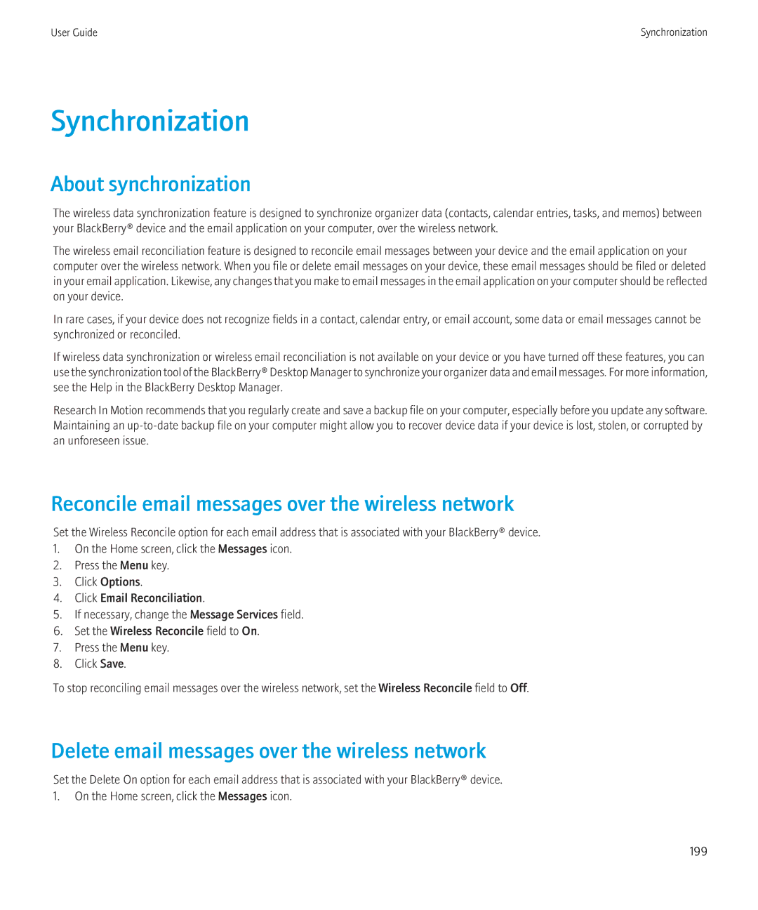 Blackberry 8350i manual Synchronization, About synchronization, Reconcile email messages over the wireless network 