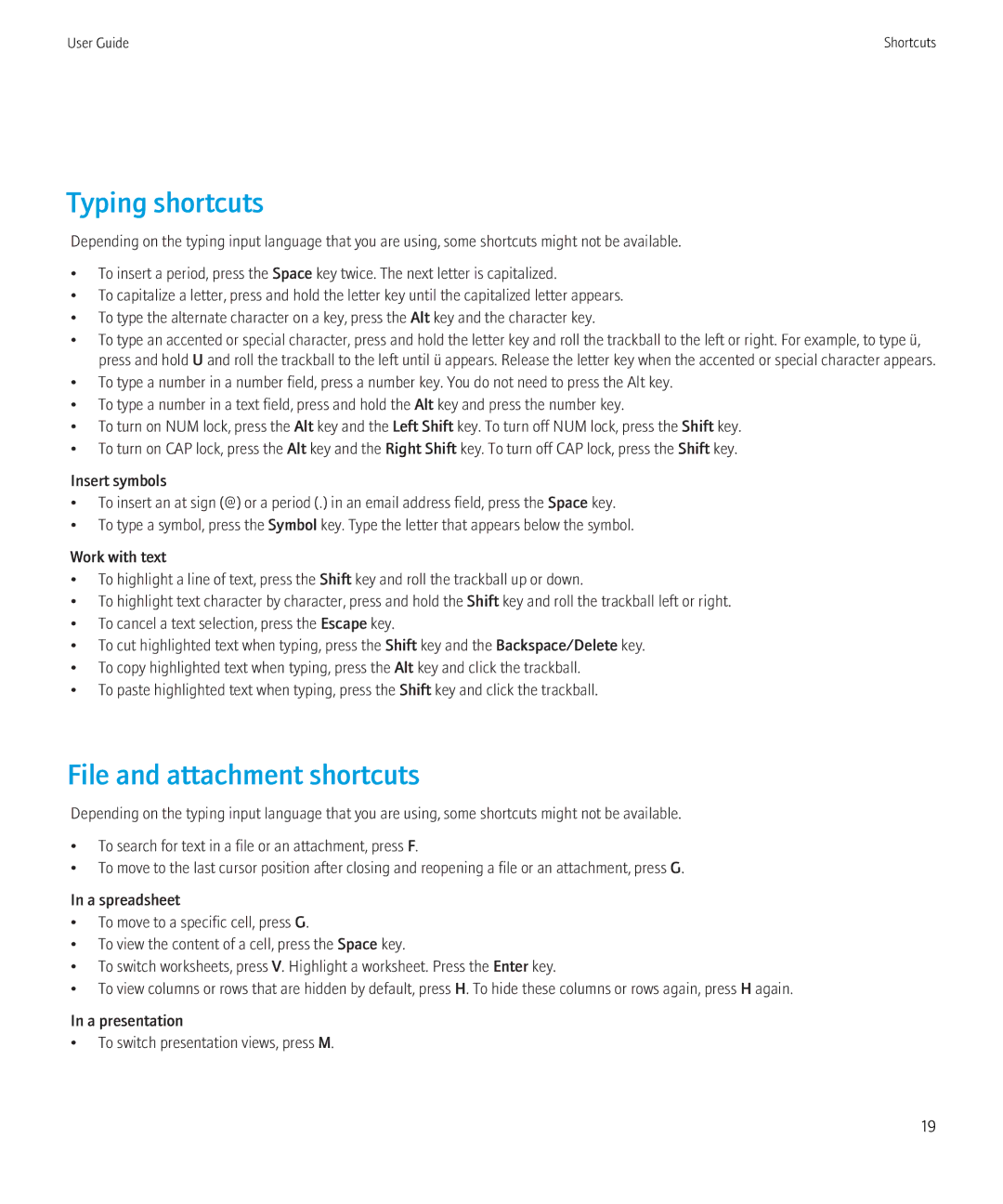 Blackberry 8350i manual Typing shortcuts, File and attachment shortcuts 