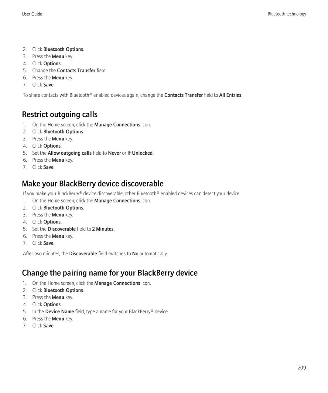 Blackberry 8350i manual Restrict outgoing calls, Make your BlackBerry device discoverable 