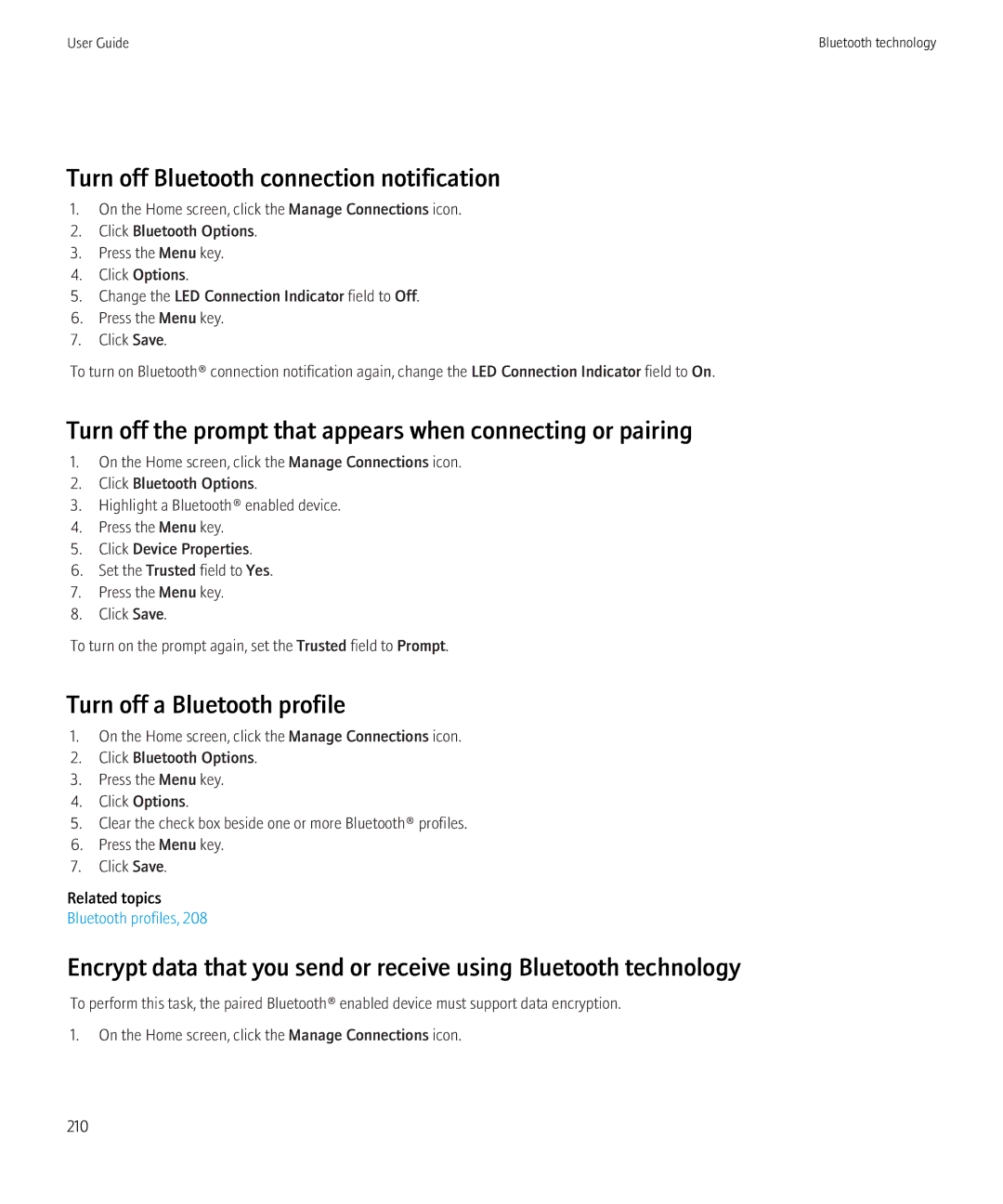 Blackberry 8350i manual Turn off the prompt that appears when connecting or pairing, Turn off a Bluetooth profile 