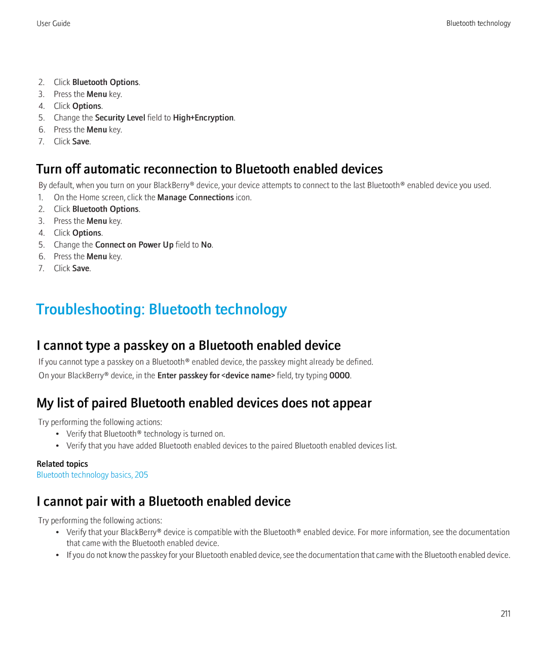 Blackberry 8350i manual Troubleshooting Bluetooth technology, Cannot type a passkey on a Bluetooth enabled device 