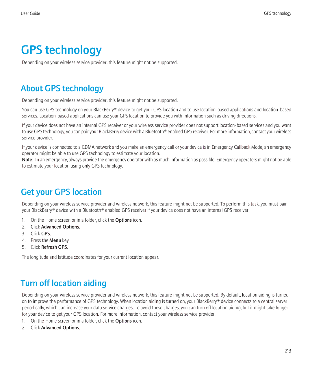 Blackberry 8350i manual About GPS technology, Get your GPS location, Turn off location aiding 