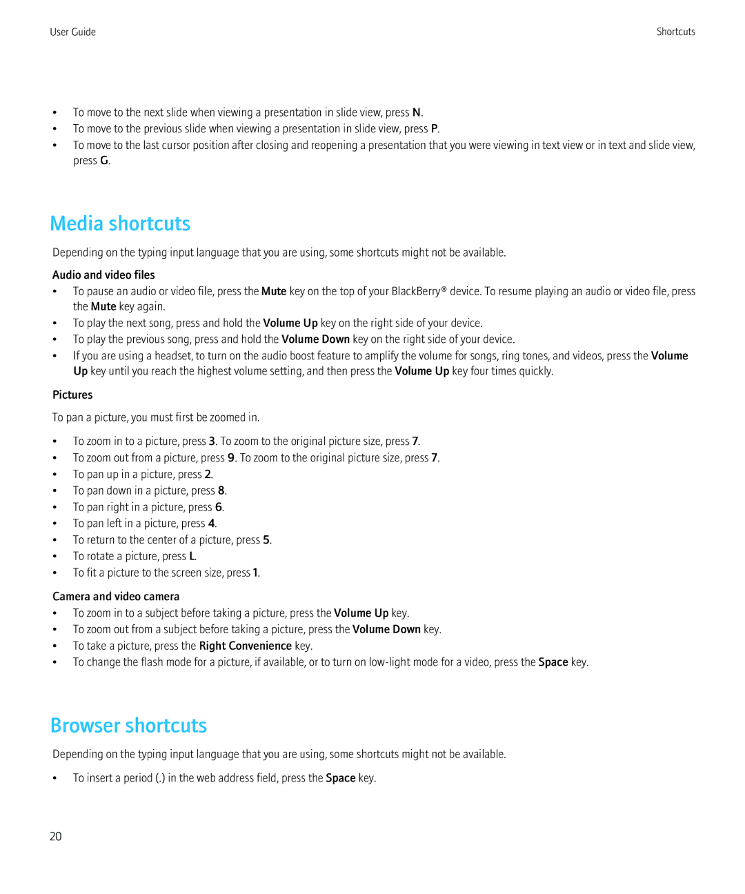 Blackberry 8350i manual Media shortcuts, Browser shortcuts 