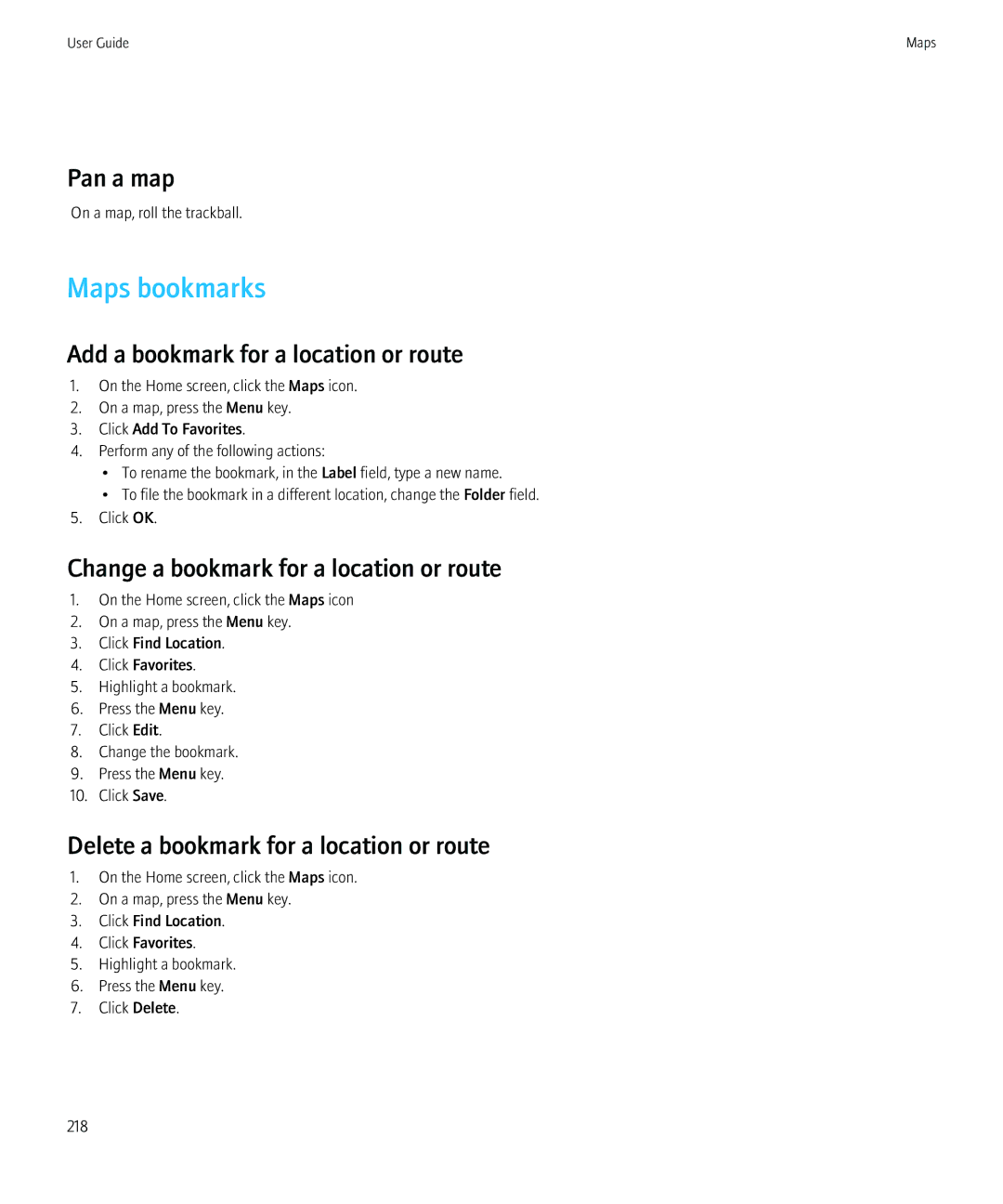 Blackberry 8350i manual Maps bookmarks, Pan a map, Add a bookmark for a location or route 