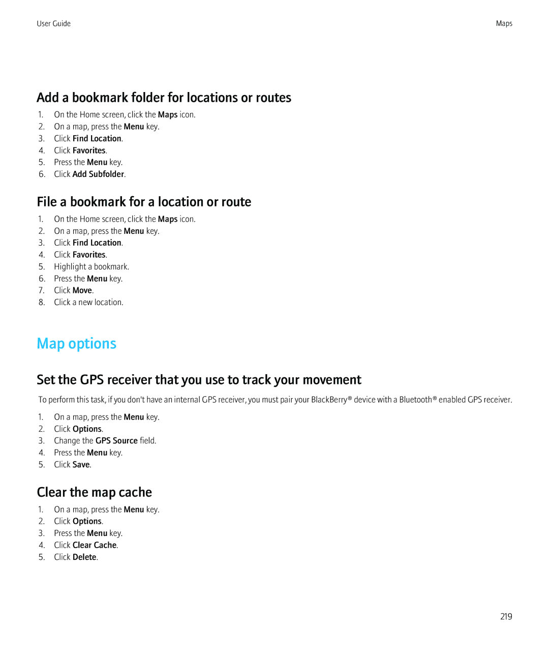 Blackberry 8350i manual Map options, Add a bookmark folder for locations or routes, File a bookmark for a location or route 