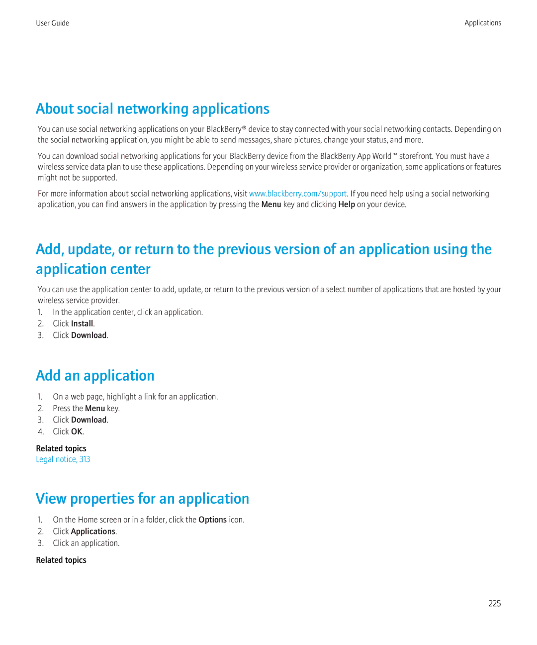 Blackberry 8350i manual About social networking applications, Add an application, View properties for an application 