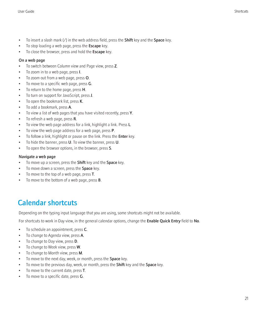 Blackberry 8350i manual Calendar shortcuts 