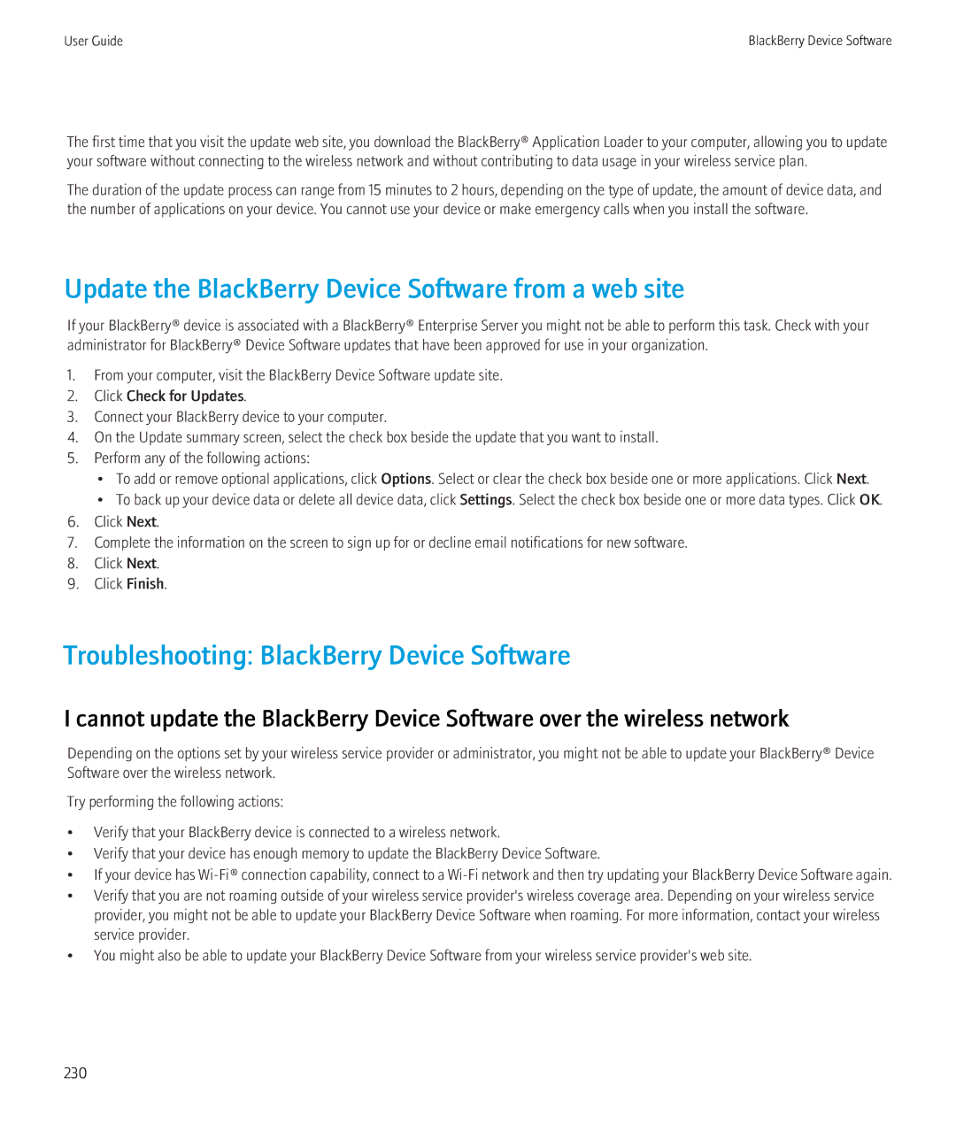 Blackberry 8350i manual Update the BlackBerry Device Software from a web site, Troubleshooting BlackBerry Device Software 