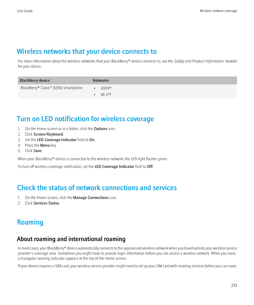 Blackberry 8350i Wireless networks that your device connects to, Turn on LED notification for wireless coverage, Roaming 