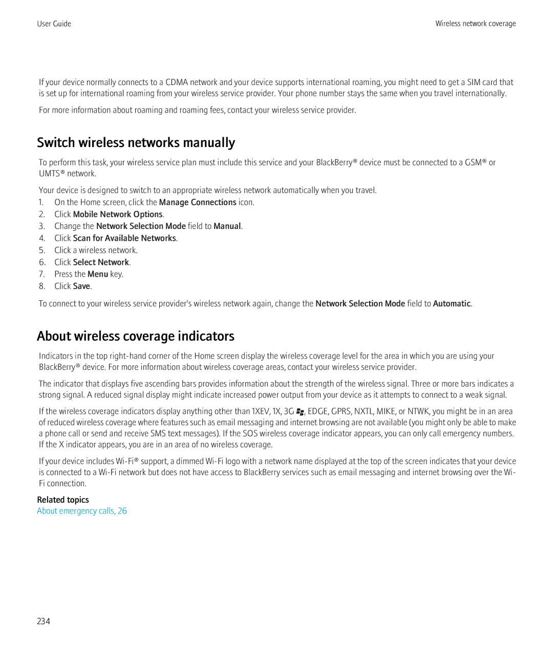 Blackberry 8350i Switch wireless networks manually, About wireless coverage indicators 