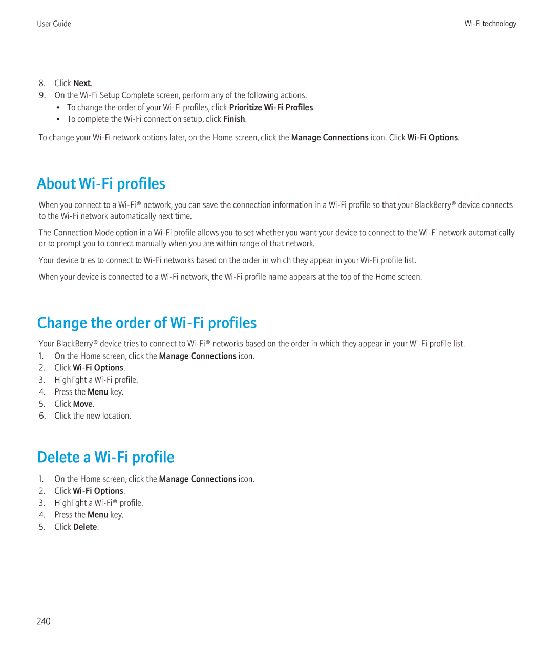 Blackberry 8350i manual About Wi-Fi profiles, Change the order of Wi-Fi profiles, Delete a Wi-Fi profile 